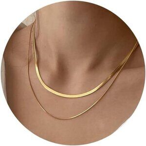 Women 14K Gold/Silver Plated Snake‎ Chain Necklace Herringbone Gold Choker